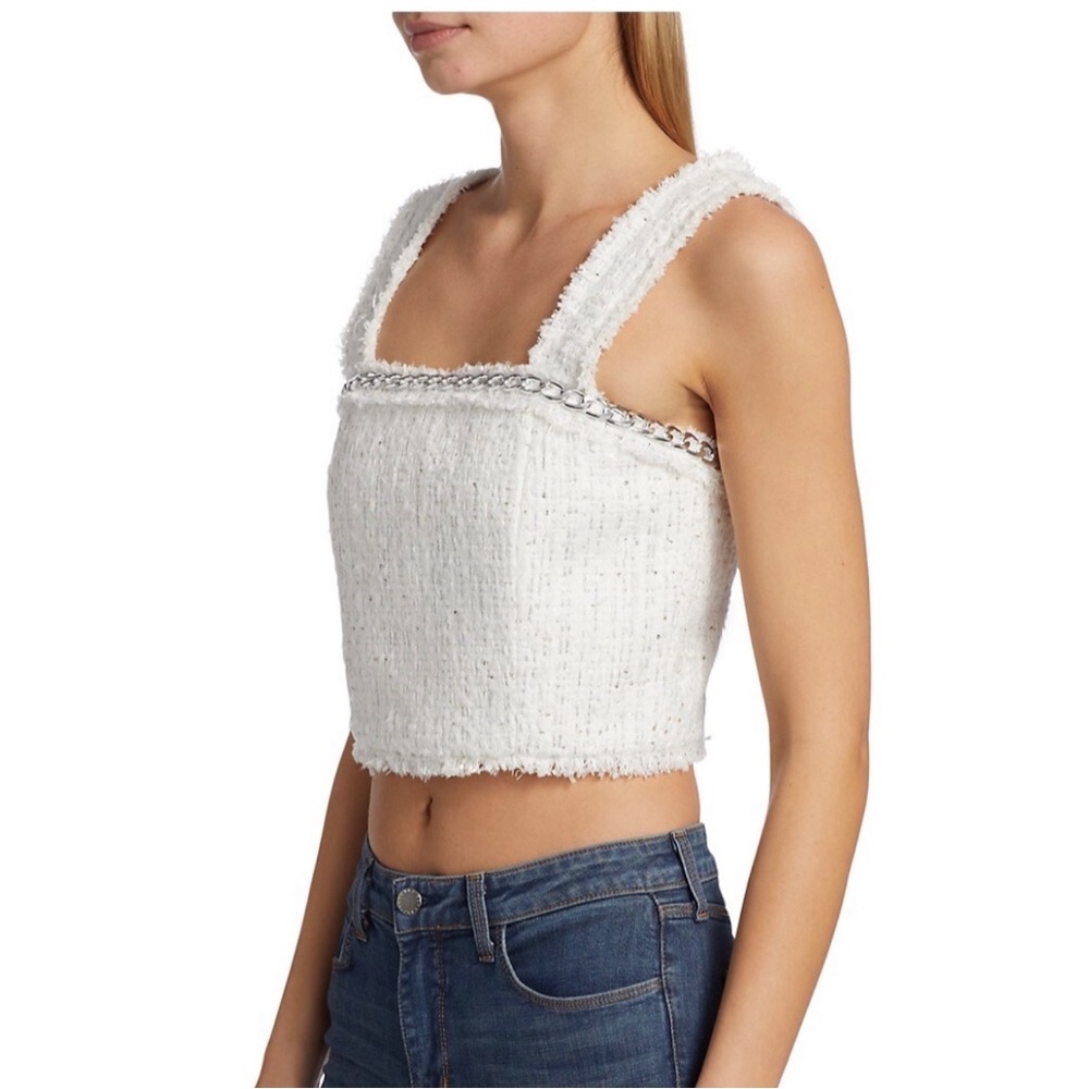 Alice + Olivia "Coralie" Chain Trimmed Frayed Tweed Crop Top 🌈BNWT🌈 - Picture 4 of 10